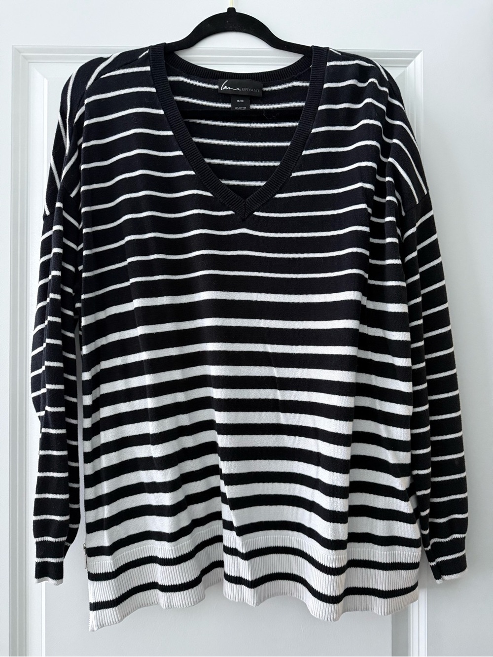 Lane Bryant Black & White Striped V-Neck Sweater